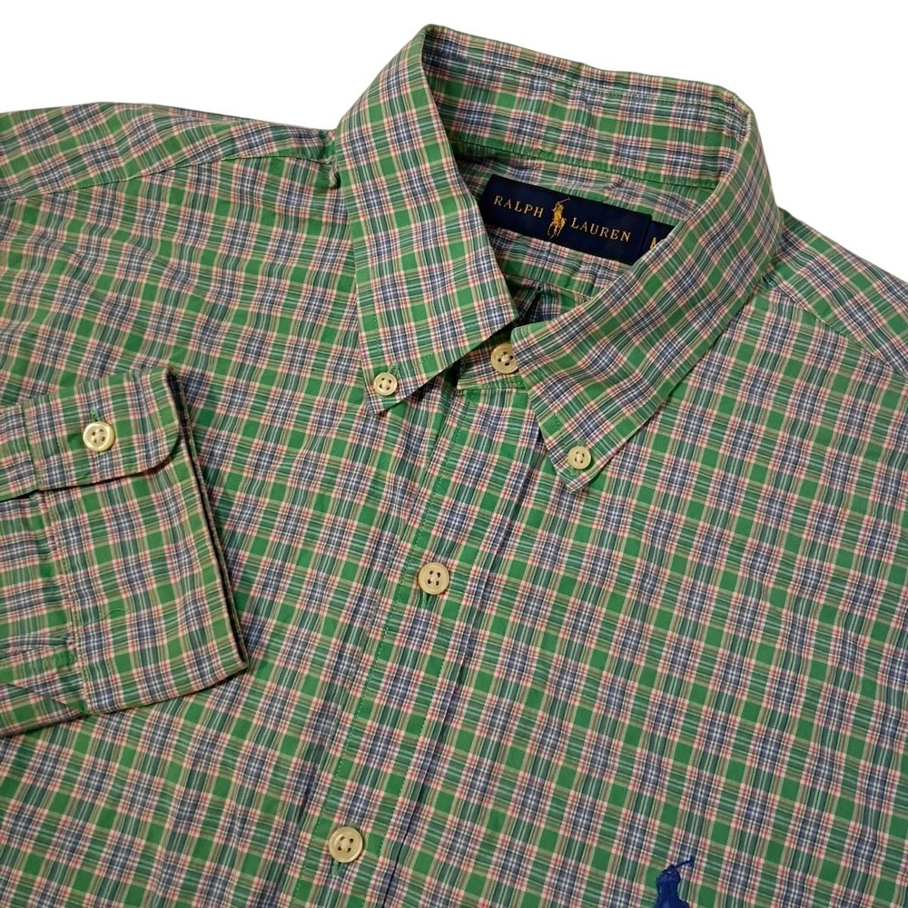 Polo Ralph Lauren Shirt Men Medium Green Pink Plaid Button Down Long Sleeve Pony
